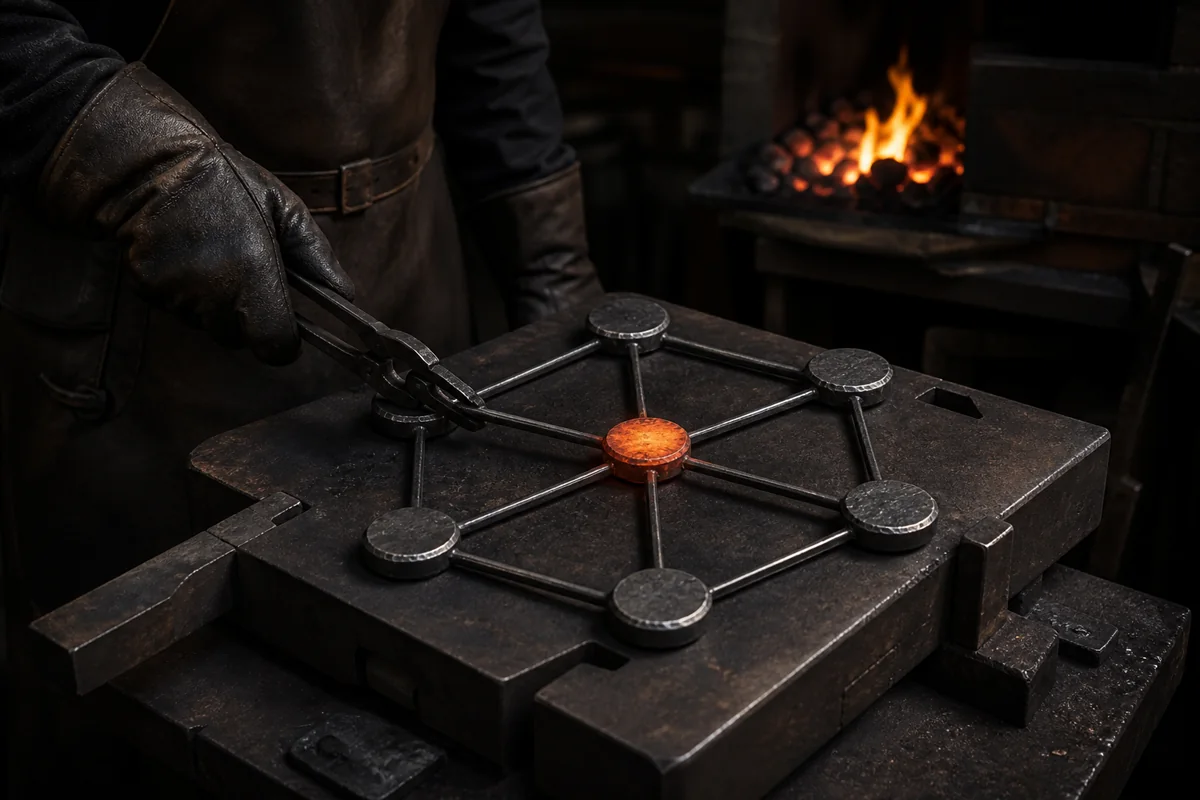 Une main gantée ajuste un réseau de nœuds forgés sur un gabarit, dont le nœud central reste incandescent.