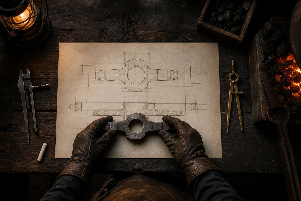 Deux mains gantées alignent une pièce d’acier sur son plan technique, entouré d’outils de mesure.
