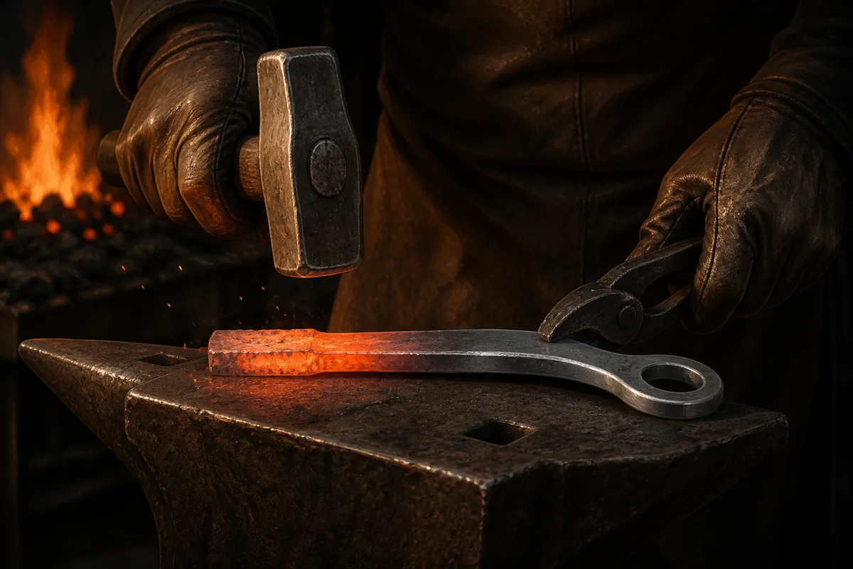 Les mains gantées d’un maître de forge façonnent un outil sur une enclume, du métal brut jusqu’à la pièce finie.
